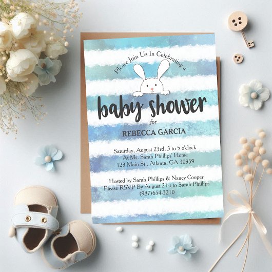 Invitation Baby Shower Lapin Blanc Rayure Bleue Blanche