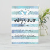 Invitation Baby Shower Lapin Blanc Rayure Bleue Blanche (Debout devant)
