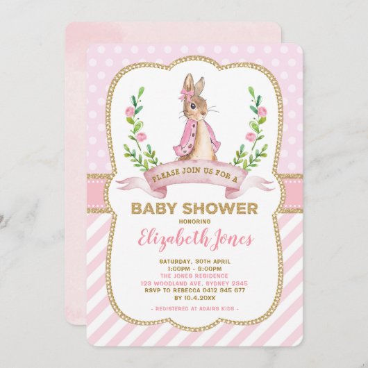 Invitation Baby shower lapin de lapin rose or rose (Devant / Derrière)