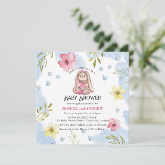 Invitation Baby shower lapin fille Whimsical (Debout devant)