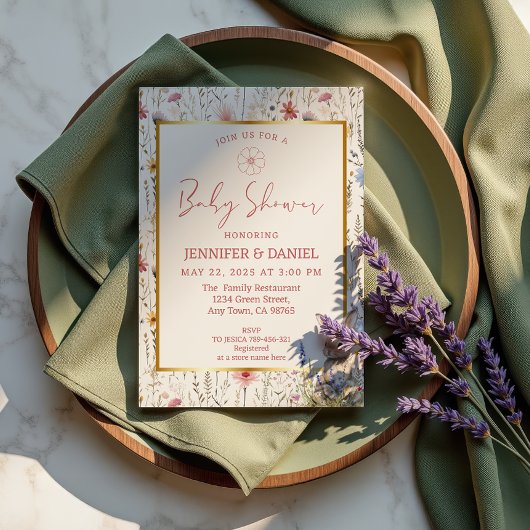 Invitation Baby shower lapin Fleur sauvage beige Whimsical