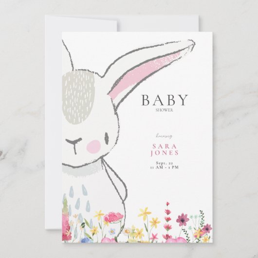 Invitation Baby shower lapin Fleur sauvage coloré (Devant)
