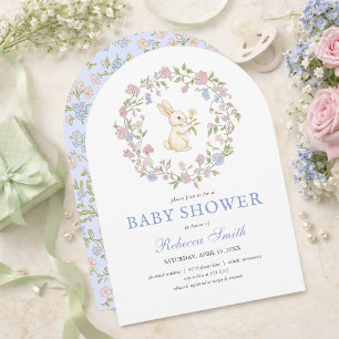 Invitation Baby Shower Lapin Floral Vintage Delicat Bleu