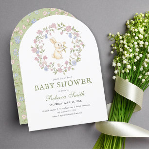 Invitation Baby Shower Lapin Floral Vintage Delicat Vert