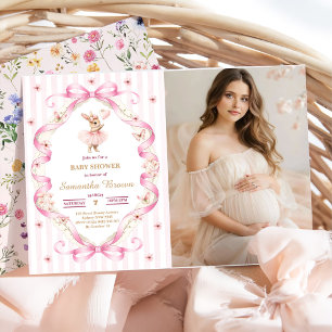 Invitation  Baby Shower Lapin Gingham à Ruban Rose 