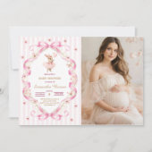 Invitation Baby Shower Lapin Gingham à Ruban Rose (Devant)