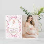 Invitation Baby Shower Lapin Gingham à Ruban Rose (Debout devant)