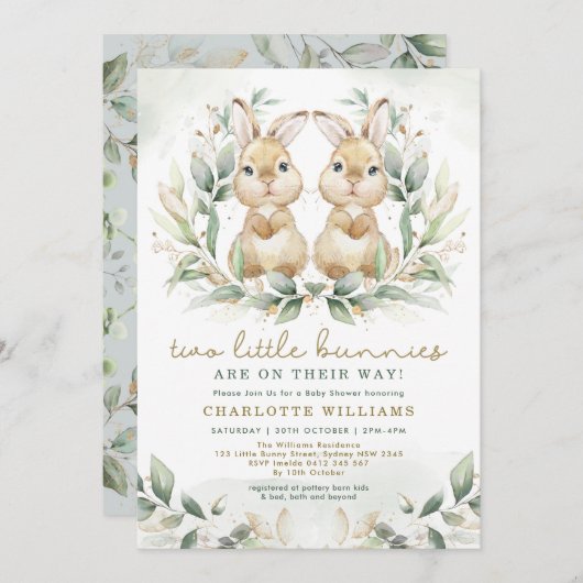 Invitation Baby shower lapin jumeau verdoyant lapin de Pâques (Devant / Derrière)