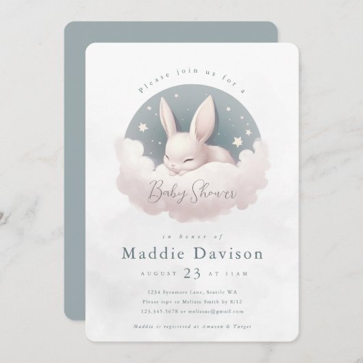 Invitation Baby shower lapin mignon lapin (Devant / Derrière)