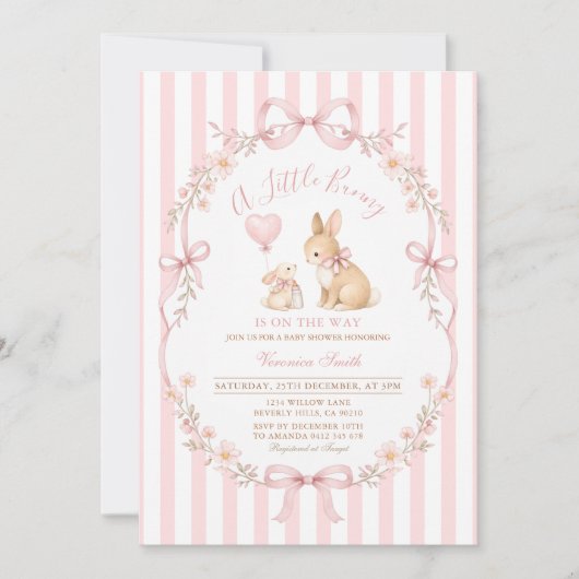 Invitation Baby Shower Lapin Rayé Rose (Devant)