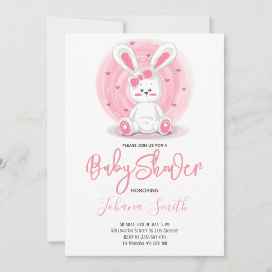 Invitation Baby shower lapin rose mignon (Devant)