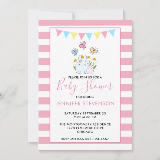 Invitation Baby shower lapins, papillons et marguerites (Devant)