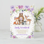 Invitation Baby shower Lavender Gold Floral Woodland Animaux (Debout devant)