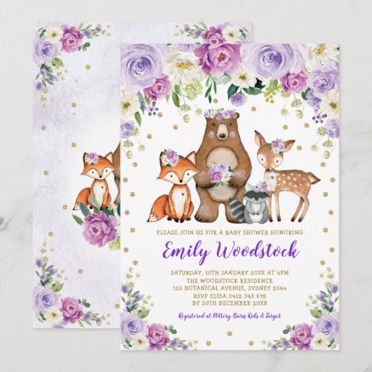 Invitation Baby shower Lavender Gold Floral Woodland Animaux (Devant / Derrière)