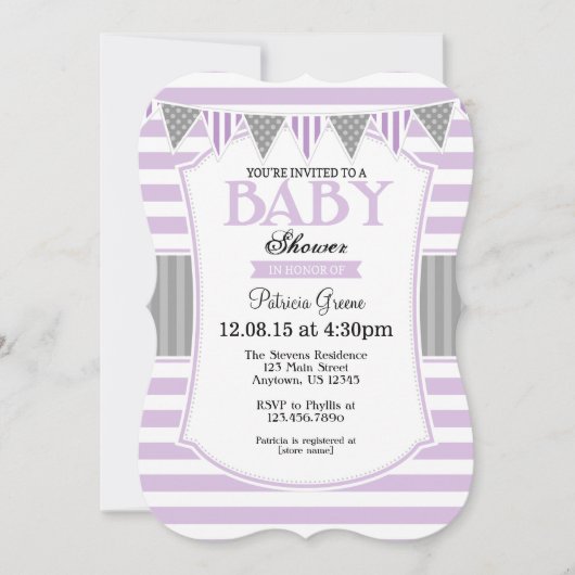 Invitation Baby shower Lavender Grey Stripes (Devant)