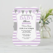 Invitation Baby shower Lavender Grey Stripes (Debout devant)