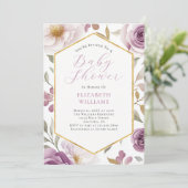 Invitation Baby shower Lavender Purple Gold Roses Peonies (Debout devant)