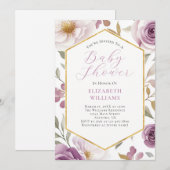 Invitation Baby shower Lavender Purple Gold Roses Peonies (Devant / Derrière)