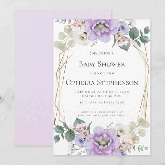 Invitation Baby shower | Lavender Watercolor Flowers (Devant / Derrière)