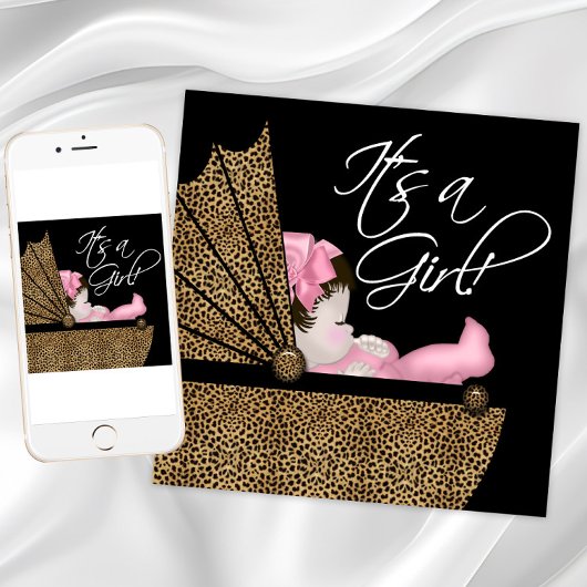 Invitation Baby shower Leopard rose fille