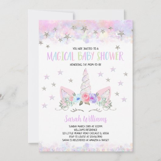 Invitation Baby Shower Licorne Argent Violet (Devant)