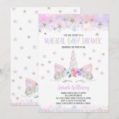 Invitation Baby Shower Licorne Argent Violet (Devant / Derrière)