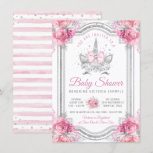 Invitation Baby Shower Licorne Diamant Rose Argent
