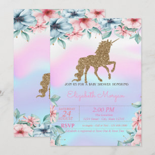 Invitation Baby Shower Licorne Pailletée Fleurs Holographique