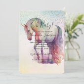 Invitation Baby Shower Licorne Paillettes Confettis Dorés (Debout devant)