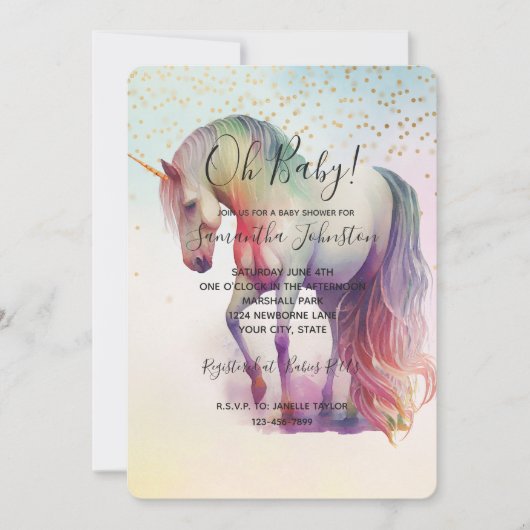 Invitation Baby Shower Licorne Paillettes Confettis Dorés (Devant)