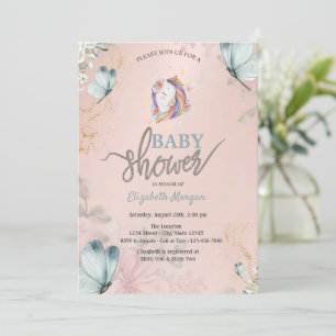 Invitation Baby Shower Licorne Papillons Bleus