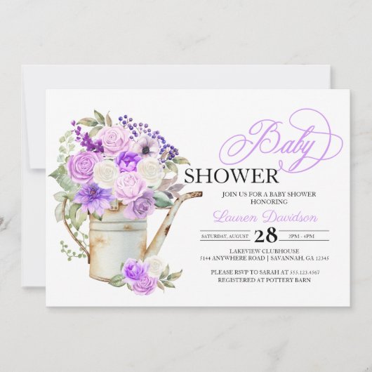 Invitation Baby shower Lilac Purple Spring Poted Flowers (Devant)