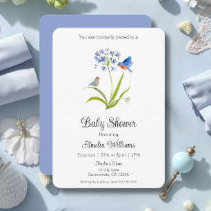 Invitation Baby Shower Lily avec mère et bébé oiseau bleu