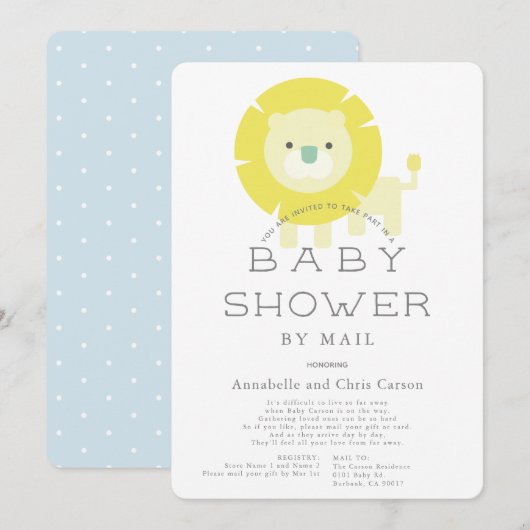 Invitation Baby shower Lion Baby Blue Boy par la poste (Devant / Derrière)