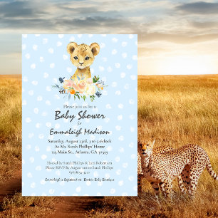 Invitation Baby shower Lion Cub Floral Bleu