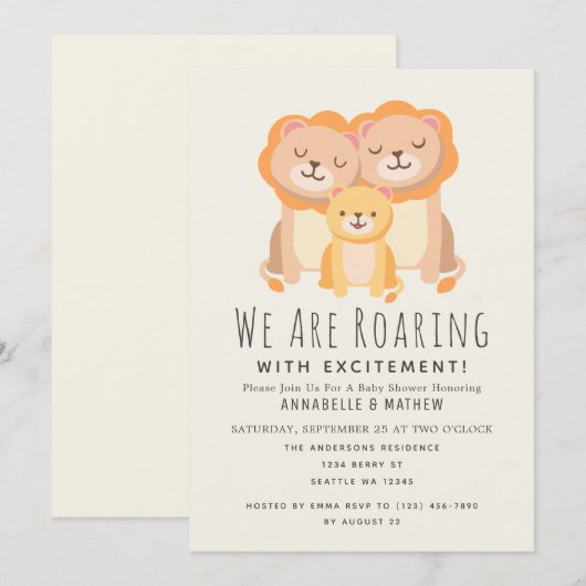 Invitation Baby shower Lion Roaring Excitations 2 papas (Devant / Derrière)