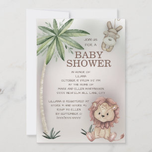Invitation Baby Shower Lion Singe Arbre Palmier Tropical Safa