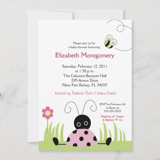 Invitation Baby shower Little Ladybug (rose) 5x7 (Devant)