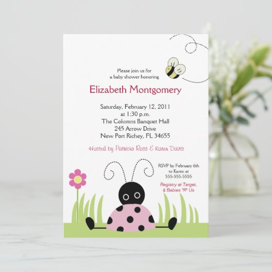 Invitation Baby shower Little Ladybug (rose) 5x7 (Debout devant)