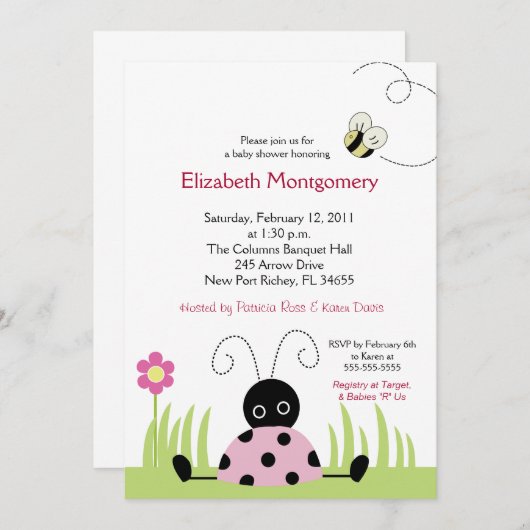 Invitation Baby shower Little Ladybug (rose) 5x7 (Devant / Derrière)