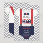 Invitation Baby shower Little Man Boy, bleu marine et rouge (Devant / Derrière)