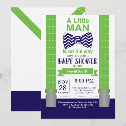 Invitation Baby shower Little Man Marine Blue Gree (Devant / Derrière)