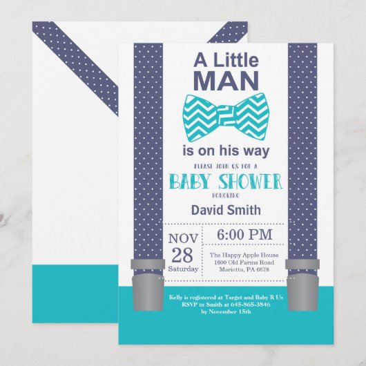 Invitation Baby shower Little Man Marine Turquoise (Devant / Derrière)