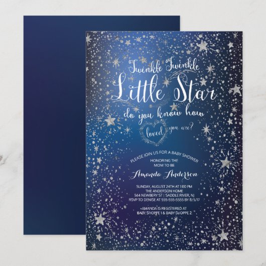 Invitation Baby shower Little Star Twinkle Silver (Devant / Derrière)