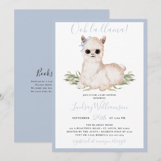 Invitation Baby shower Llama Bleu (Devant / Derrière)