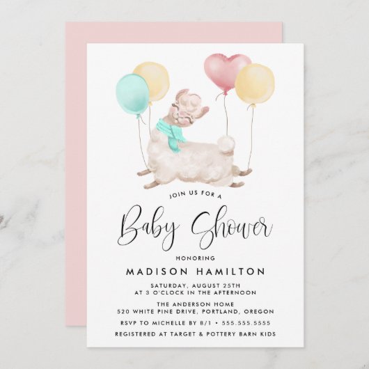 Invitation Baby shower Llama doux (Devant / Derrière)