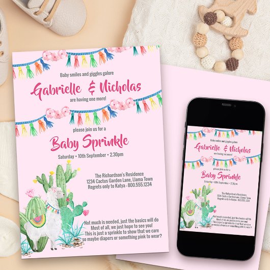 Invitation Baby shower Llama rose pour bébé