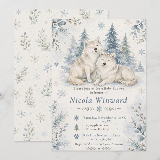 Invitation Baby Shower Loups d'Hiver (Devant / Derrière)