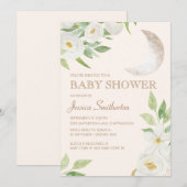Invitation Baby shower Lune Blanc Floral Vert Feuilles (Devant / Derrière)