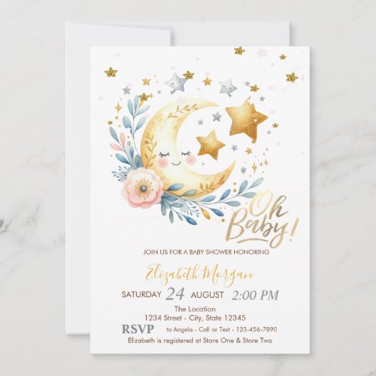Invitation Baby shower Lune Flower Stars (Devant)